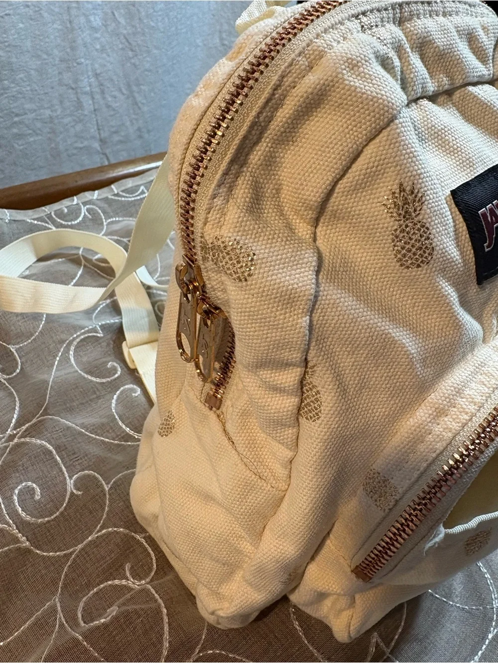 JanSport Half Pint FX Mini Backpack. Cream and Gold Foil Pineapple Print (Rare)